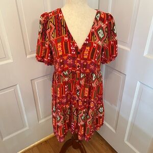Never Fully Dressed Aztec Boho Print Mini Dress Red V-Neck Puff‎ Sleeve Size M